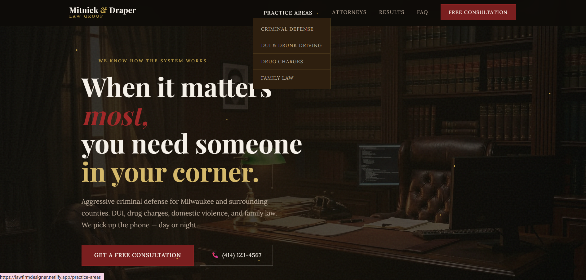 Mitnick and Draper Law Group homepage screenshot showing the When it matters most hero section with dark library aesthetic