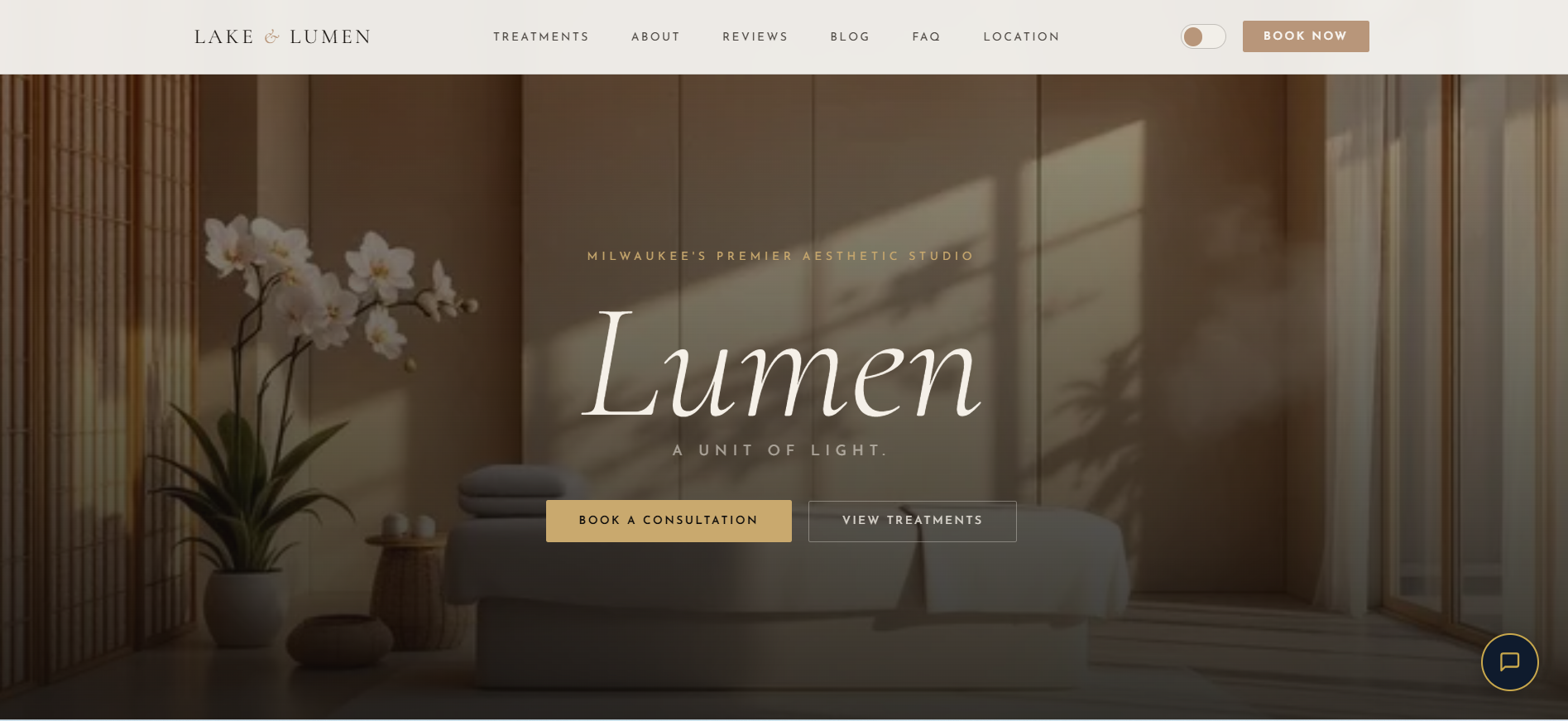 Lake and Lumen MedSpa homepage screenshot showing the Lumen treatment hero section with cream and gold aesthetic
